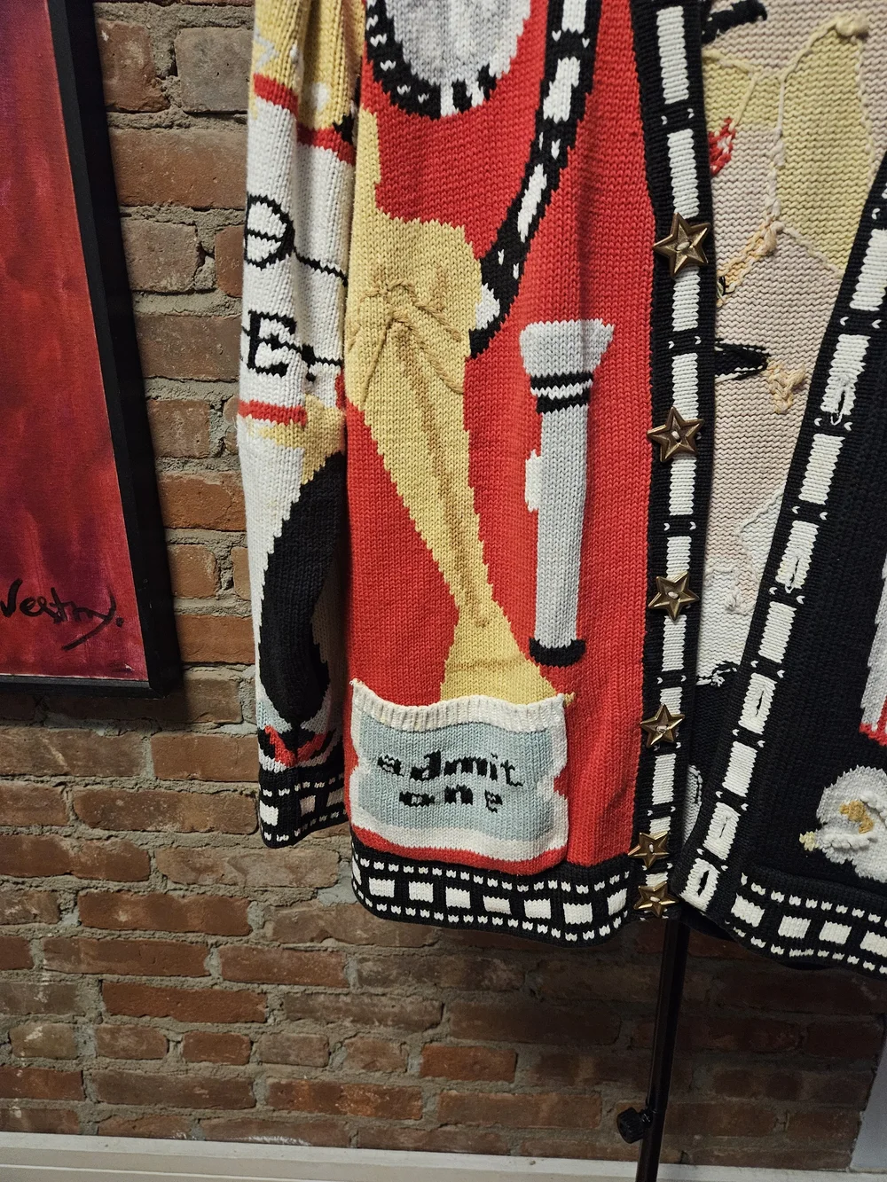 Oscar Themed Red and Black Novelty Knit Sweater Cardigan